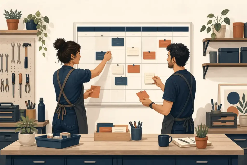 Ilustración de una profesional organizando tareas y disponibilidad del equipo
