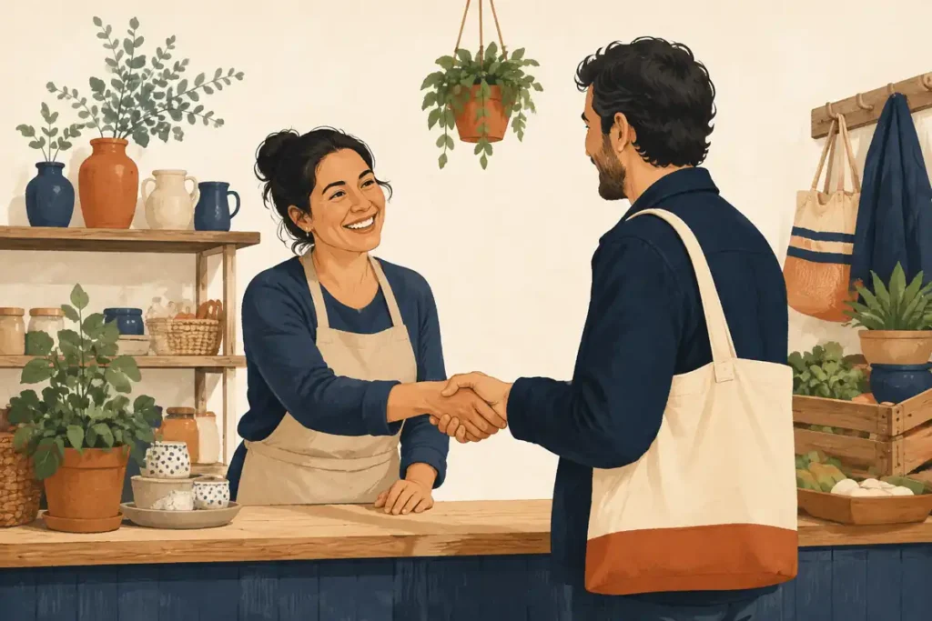 Ilustración de una comerciante recibiendo a un cliente que regresa
