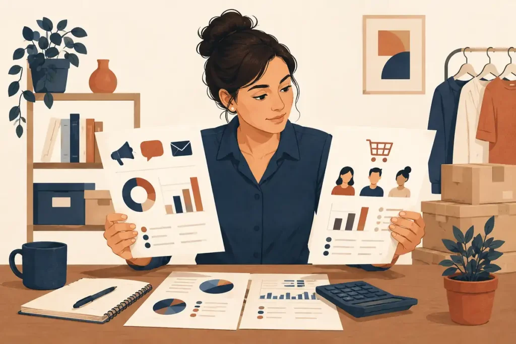 Ilustración de una emprendedora comparando gastos de captación y clientes nuevos