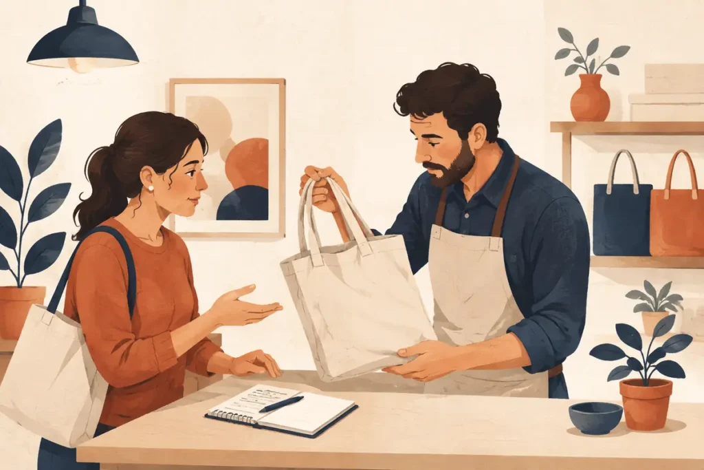 Ilustración de un comerciante escuchando a una clienta y revisando su pedido