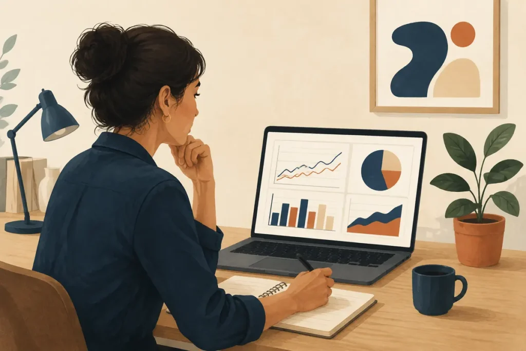 Ilustración de una emprendedora revisando gráficos de su negocio