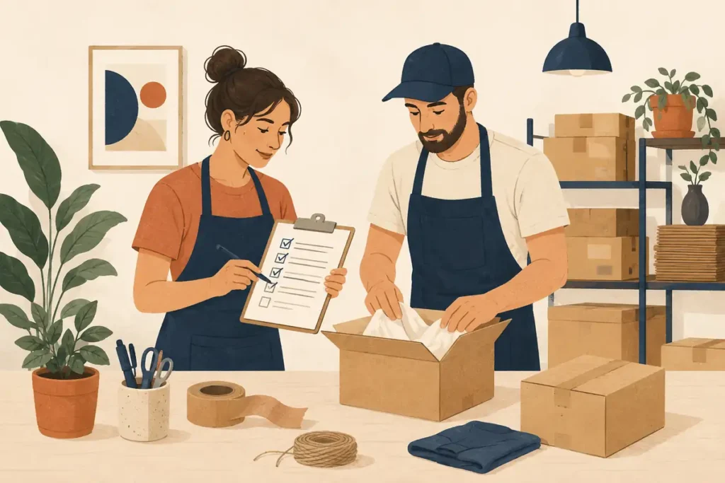 Ilustración de dos personas verificando un pedido con una lista de control