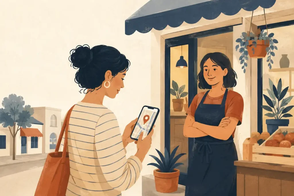 Ilustración de una tienda local señalada en un mapa del vecindario