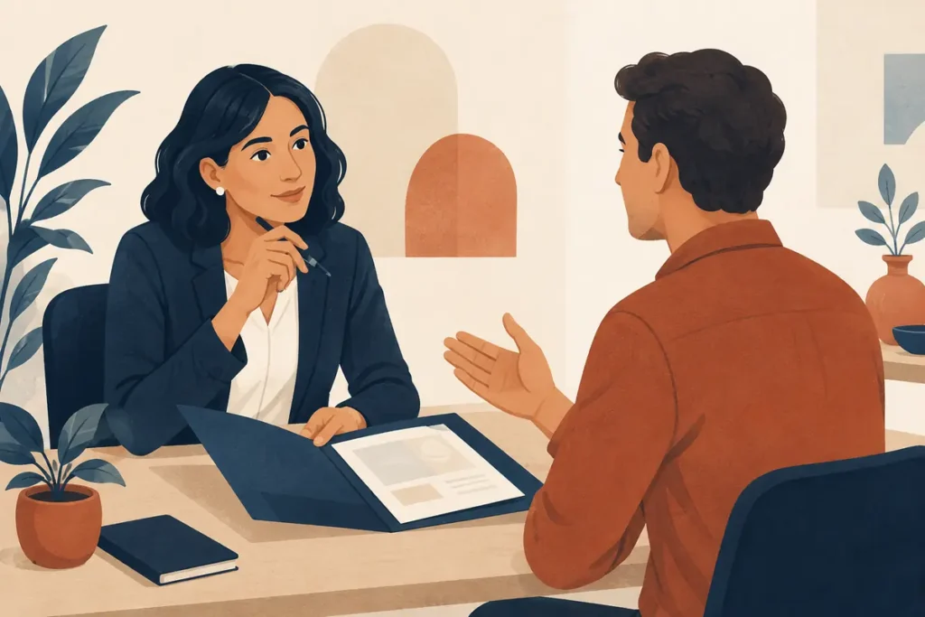 Ilustración de un profesional aclarando una propuesta con una clienta