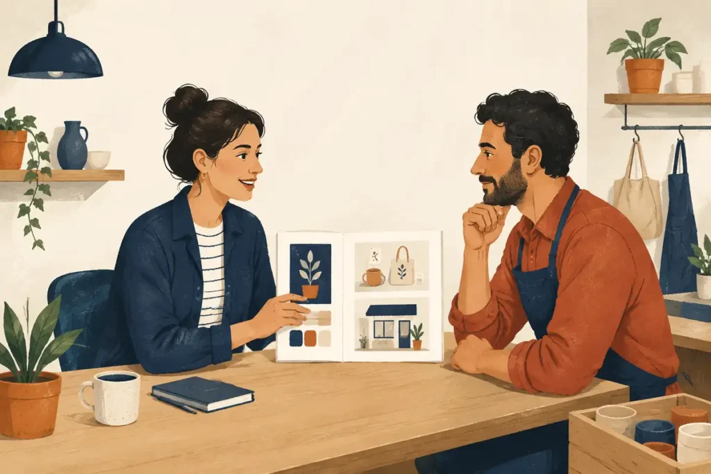 Ilustración de una profesional mostrando su trabajo a un posible cliente
