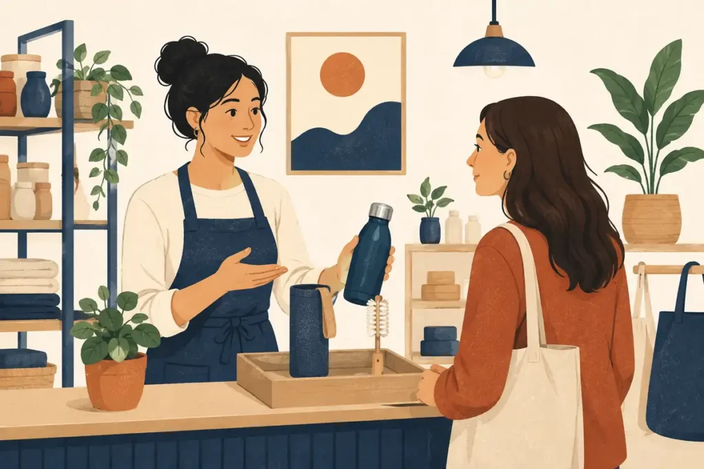 Ilustración de una tienda ofreciendo un complemento útil para una botella
