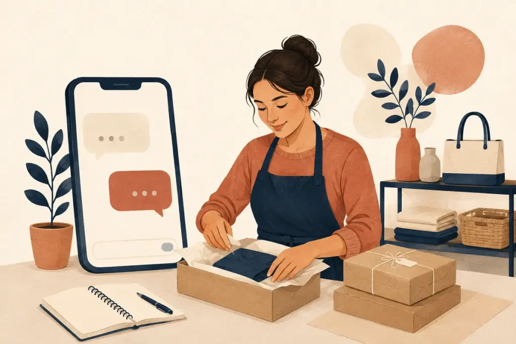 Ilustración de una comerciante organizando pedidos recibidos por chat